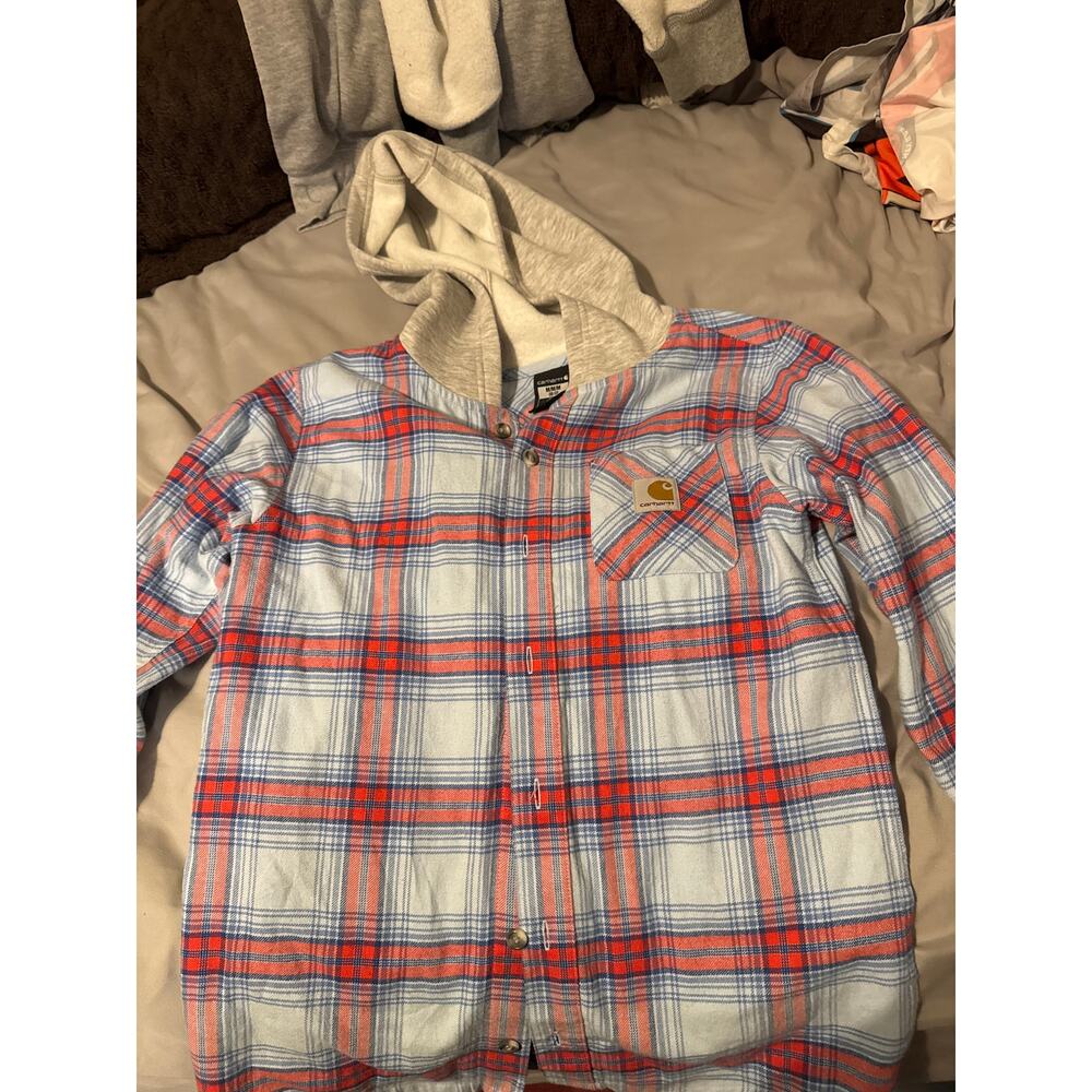 Carhartt Jacket Boys Med Blue Red Plaid Flannel Hooded Shacket Button Up Kids